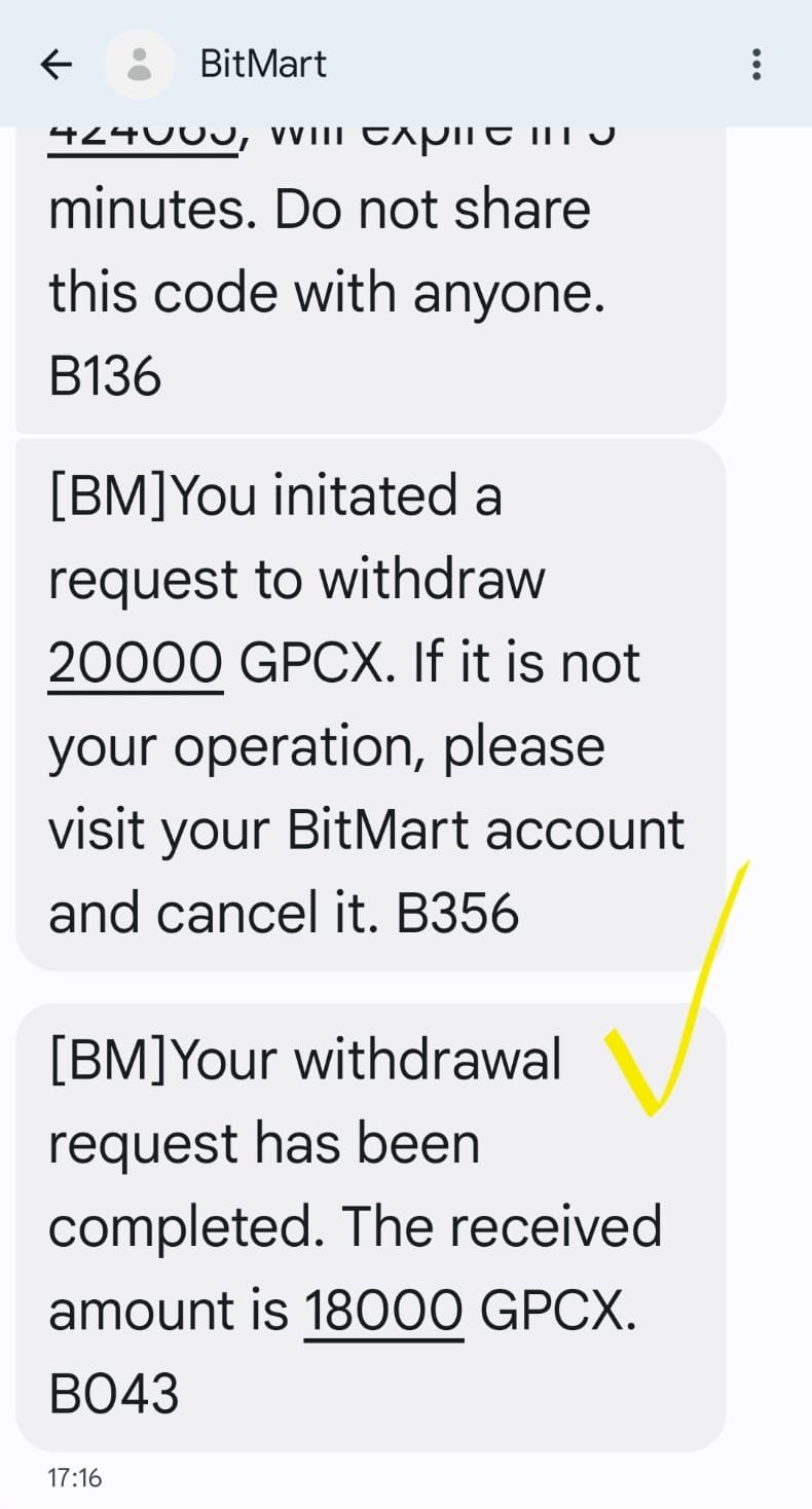 Confirmation SMS BitMart